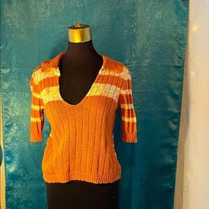 Free People Orange Striped V-Neck Sweater